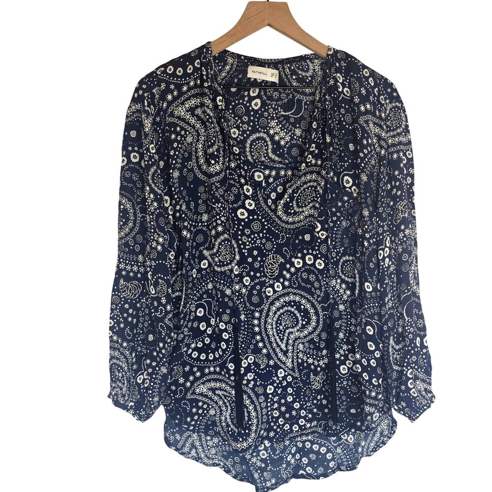Faithfull The‎ Brand Paisley Tunic Top Women 4 Navy White Rayon Boho Tassel